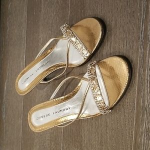 Chinese Laundry Gold rhinestone kitten heels